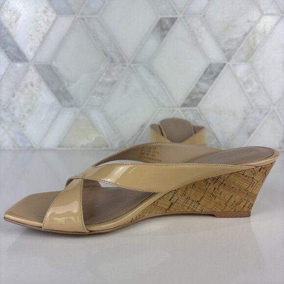7.5 Patent Cork Wedge Heel Sandal Square Toe Criss Cross Strap Tan Leather Miami - Picture 4 of 13